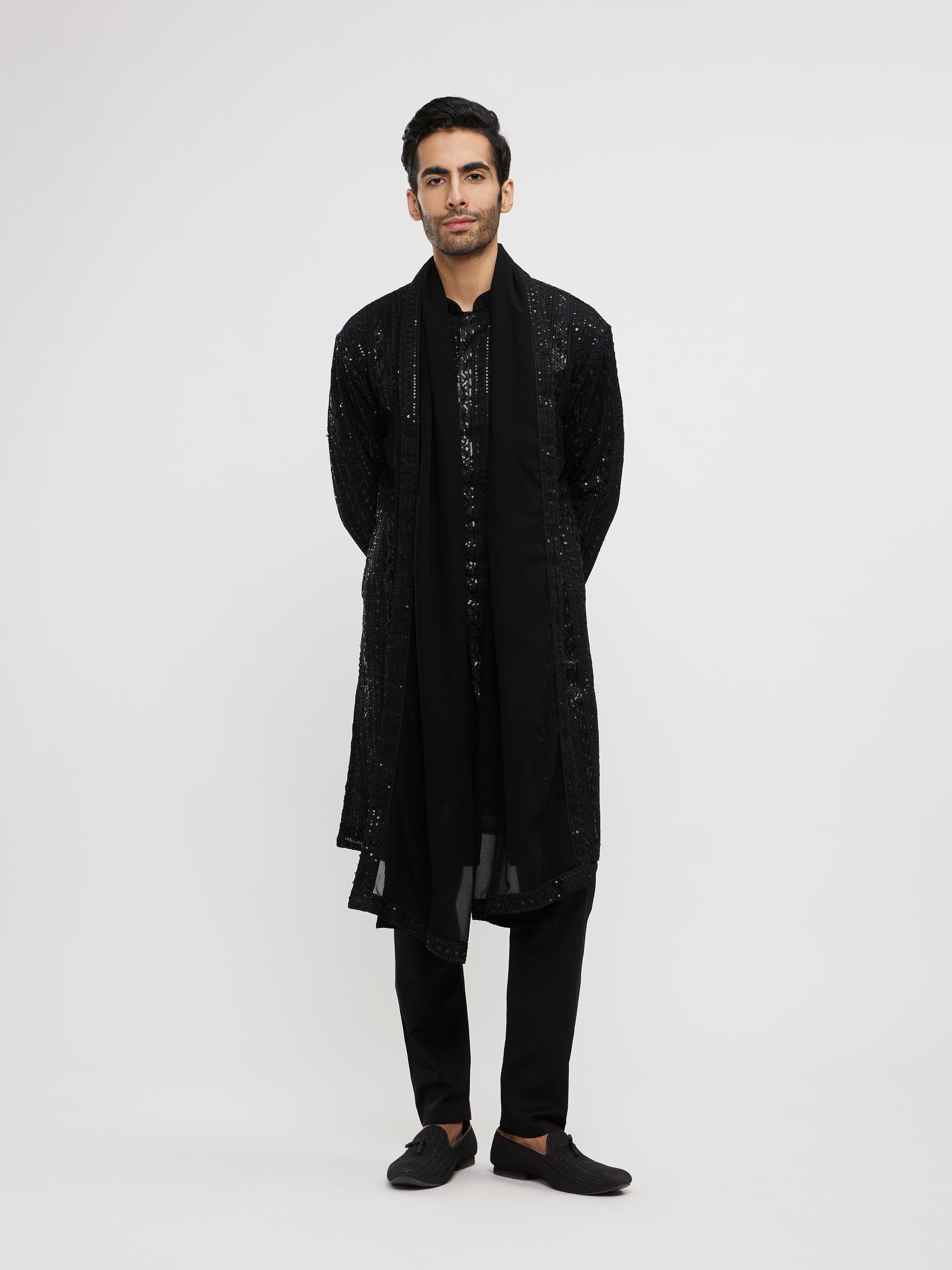 Twamev Men Black Georgette Elegance Kurta Set with Dupatta