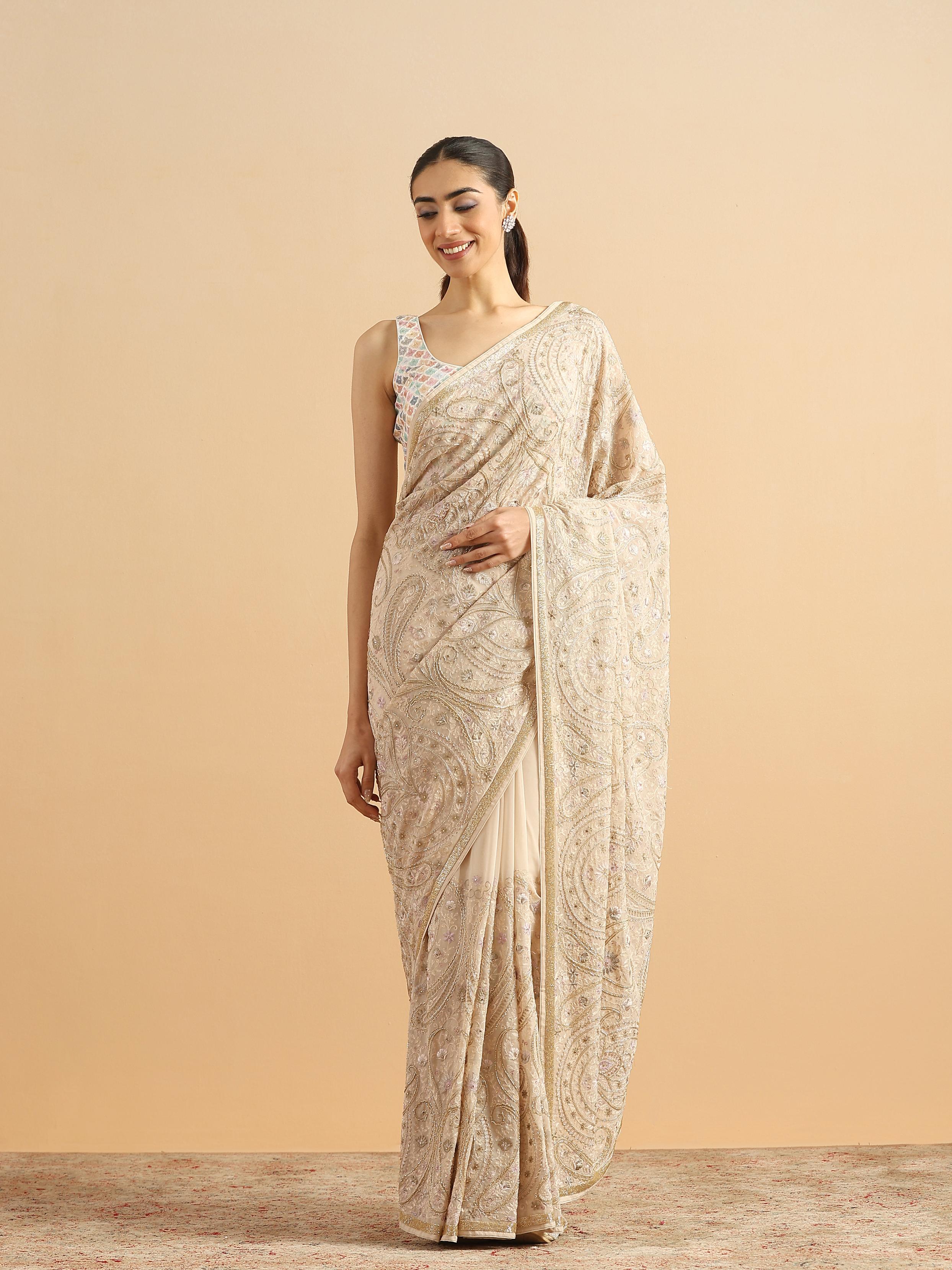 Twamev Women Graceful Cream Georgette Saree