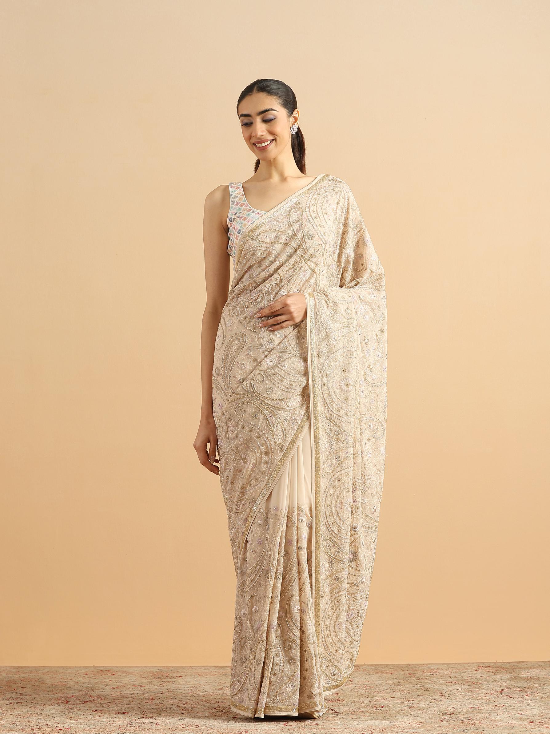 Twamev Women Graceful Cream Georgette Saree