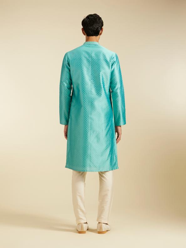 Diwas Men Aqua Green Lattice Patterned Kurta with Striped Placket