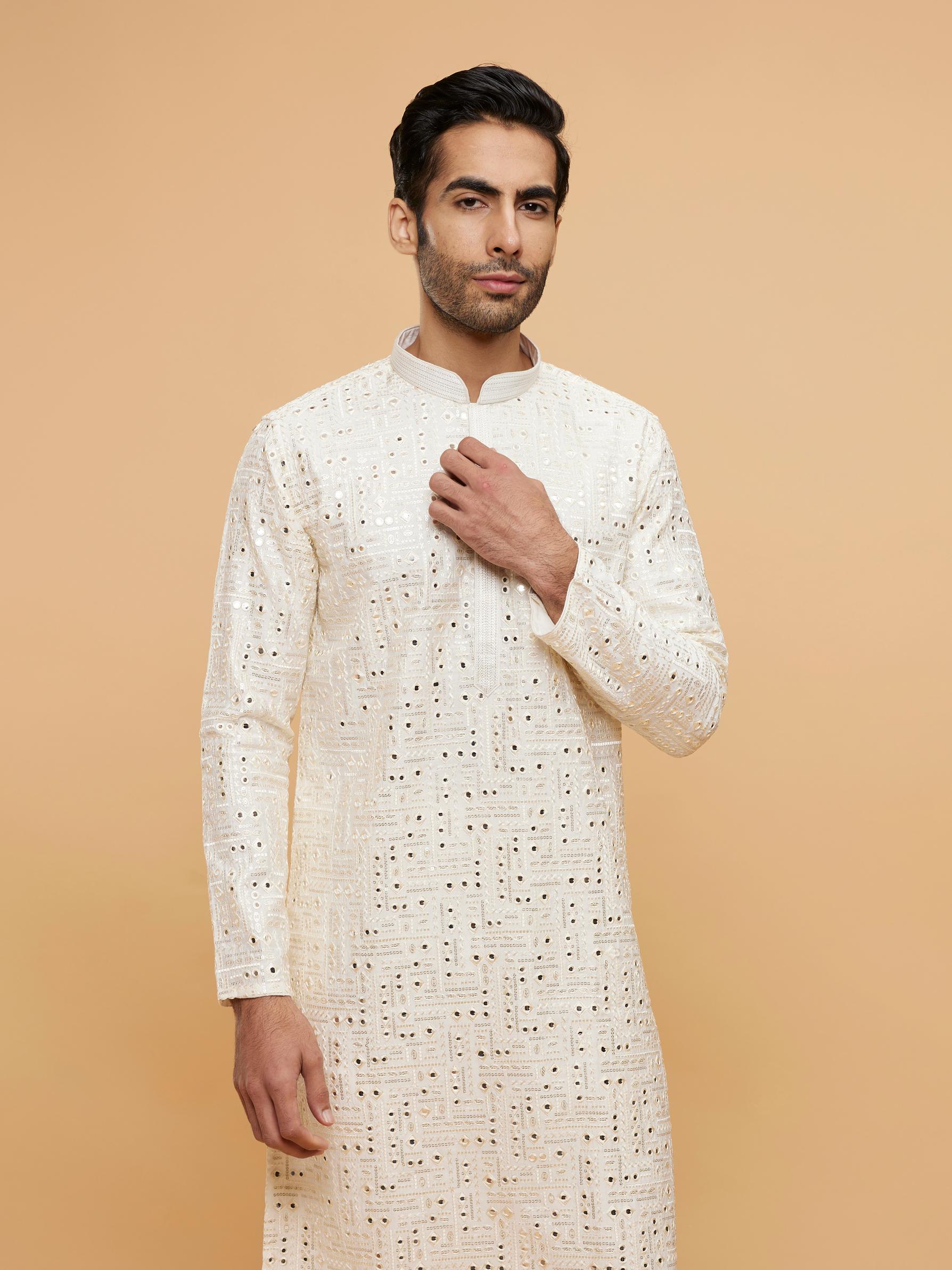 Twamev Men Warm White Mirror Embellished Kurta Set
