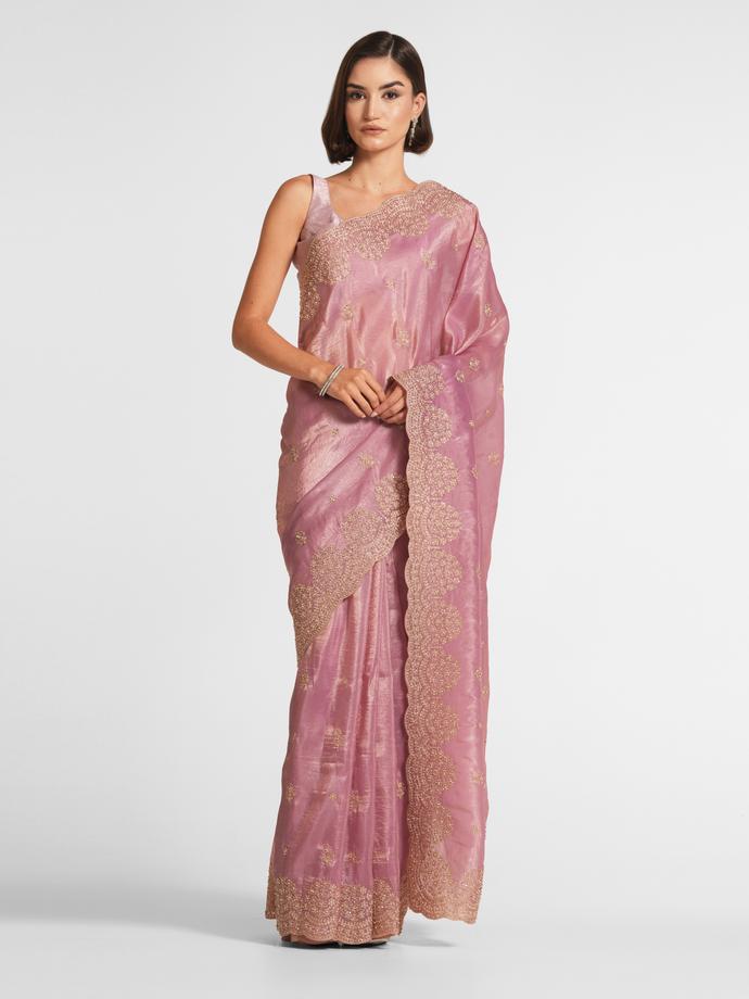 Twamev Women Dusty Pink Swirl Organza Saree