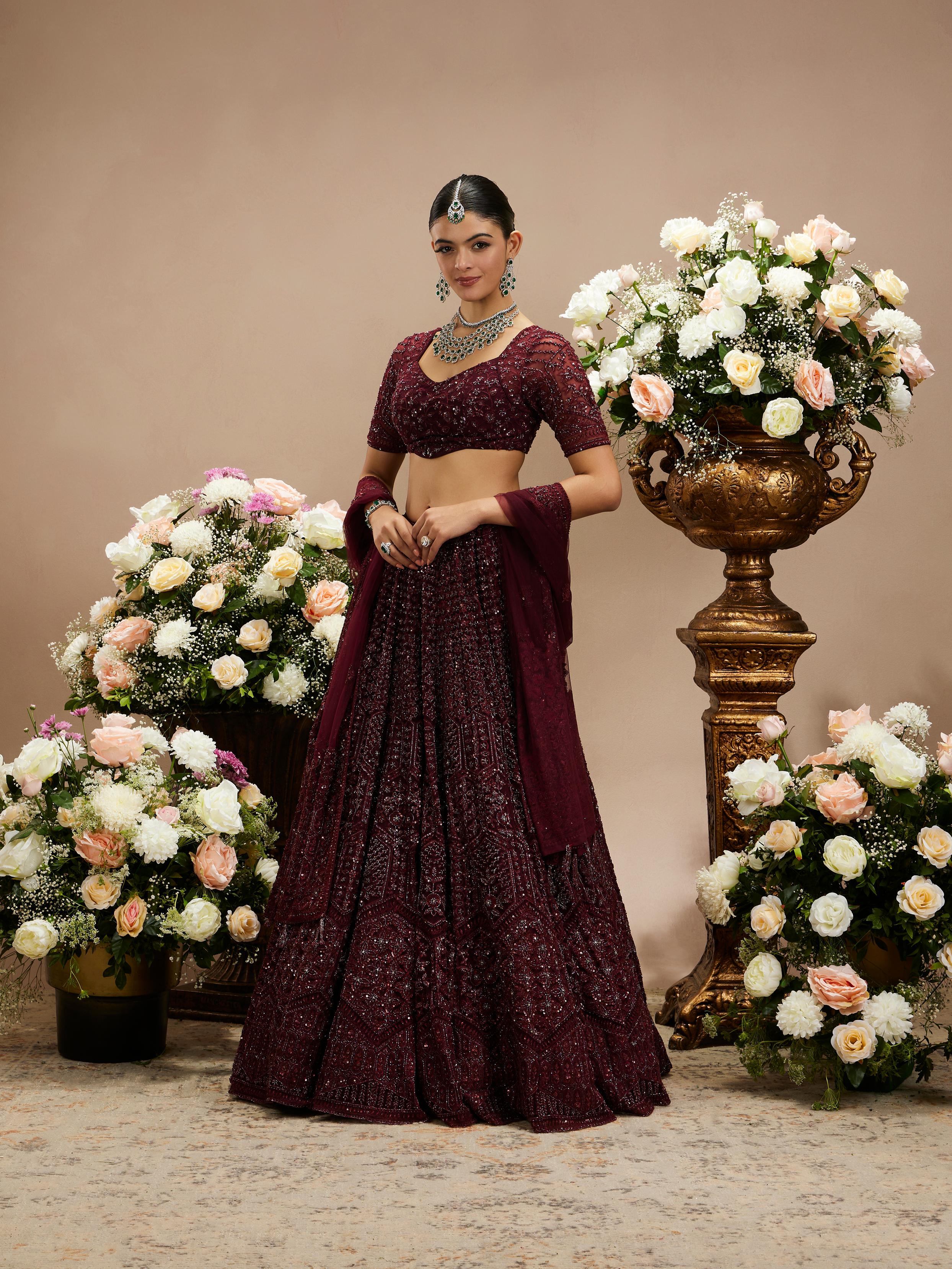 Twamev Women Wine Red Floral Jaal Embroidered Lehenga with Sequin Embellishments