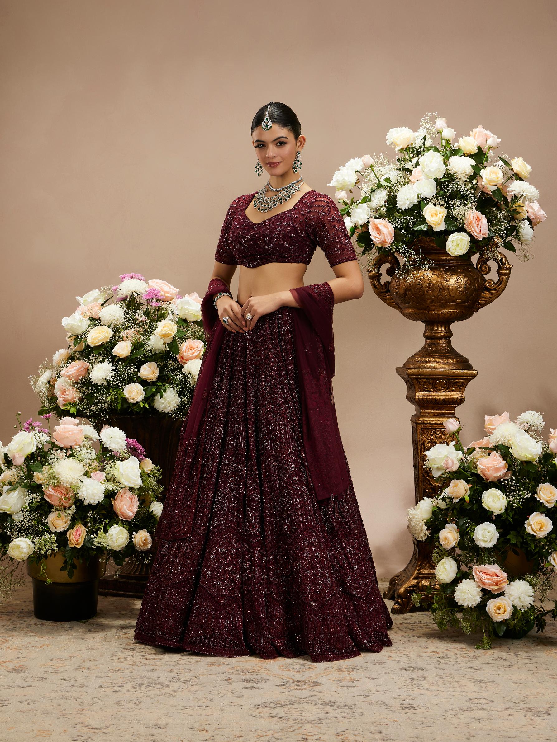 Twamev Women Wine Red Floral Jaal Embroidered Lehenga with Sequin Embellishments