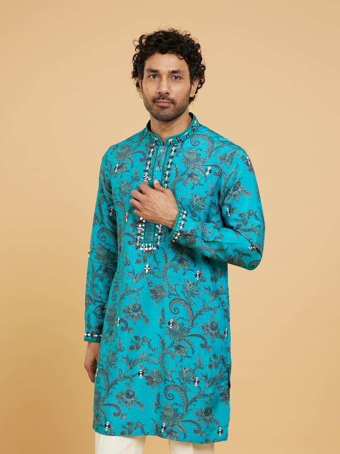 Twamev Men Teal Blue Charm Kurta Pajama