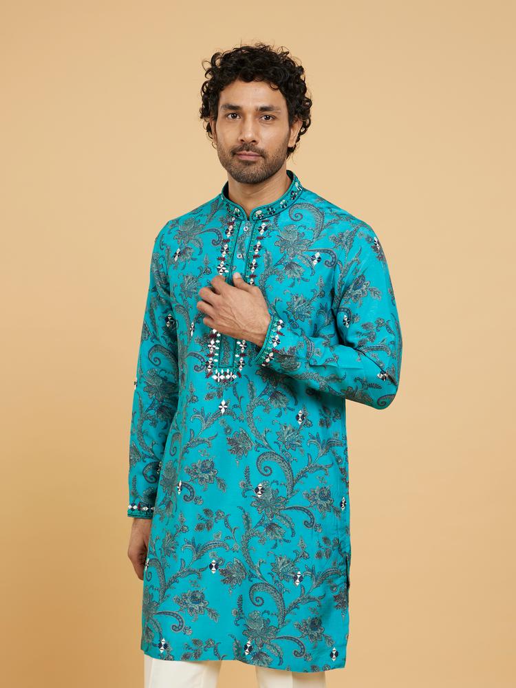 Twamev Men Teal Blue Charm Kurta Pajama