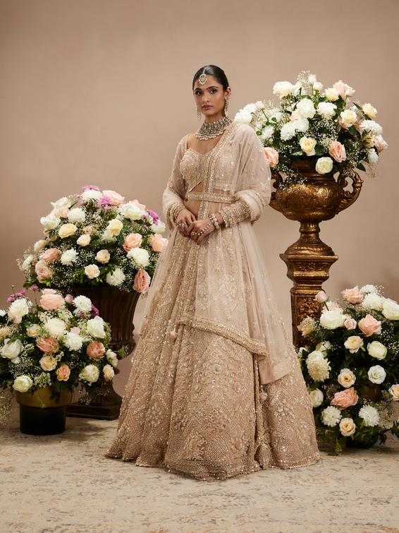 Twamev Women Honey Peach Jaal Patterned Lehenga with Floral Buta Motifs And Sequin And Stone Work
