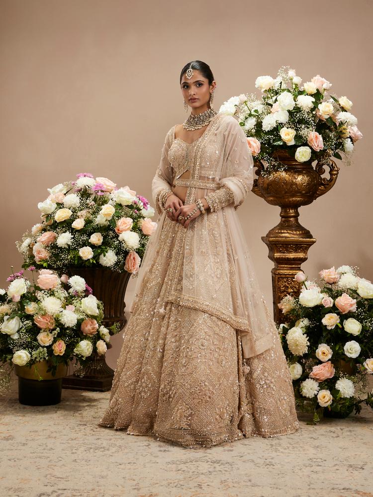Twamev Women Honey Peach Jaal Patterned Lehenga with Floral Buta Motifs And Sequin And Stone Work