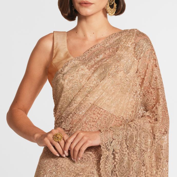 Twamev Women Beige Elegance Net Saree
