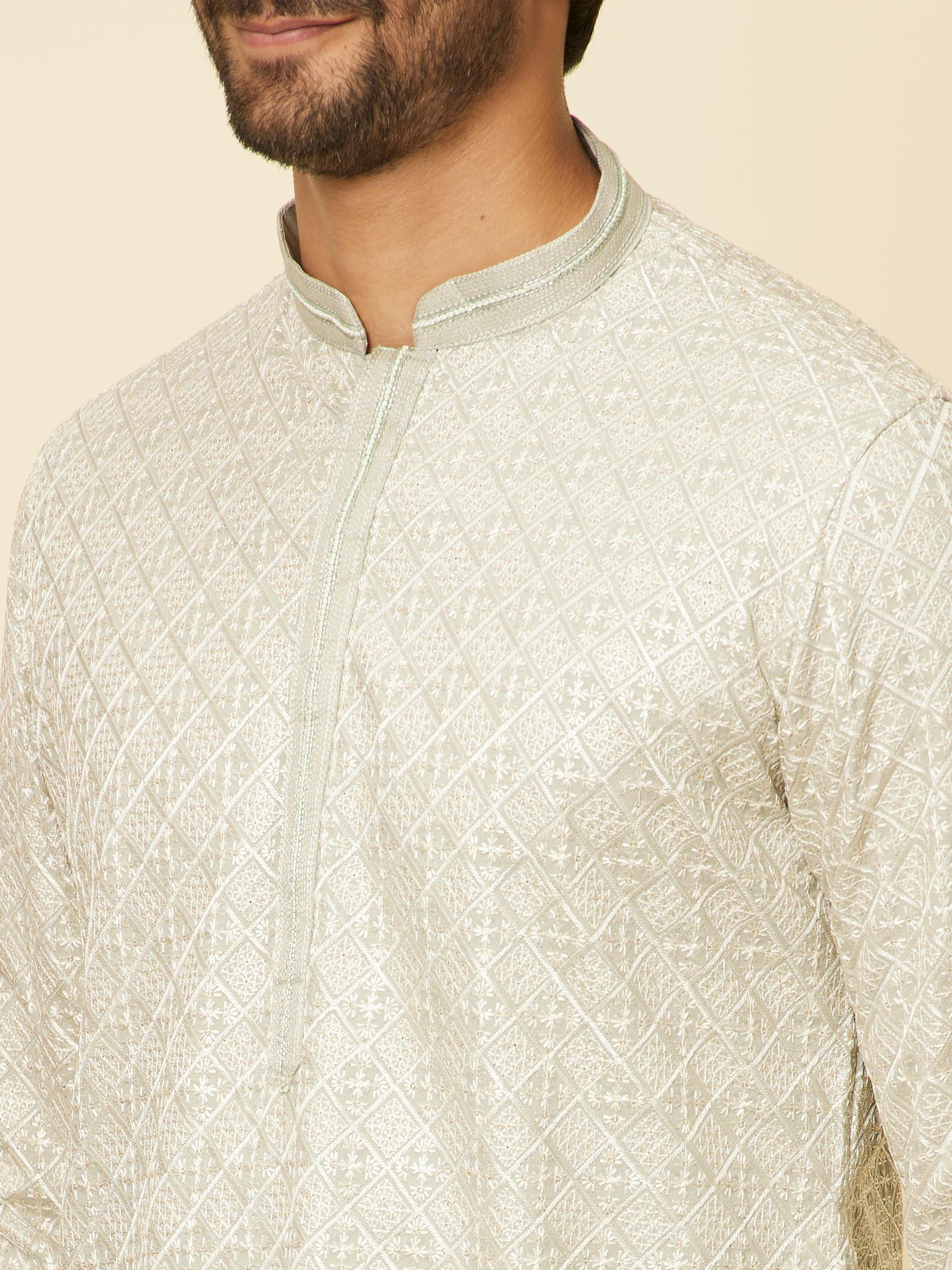 Twamev Men Pista Green Self Patterned Kurta set