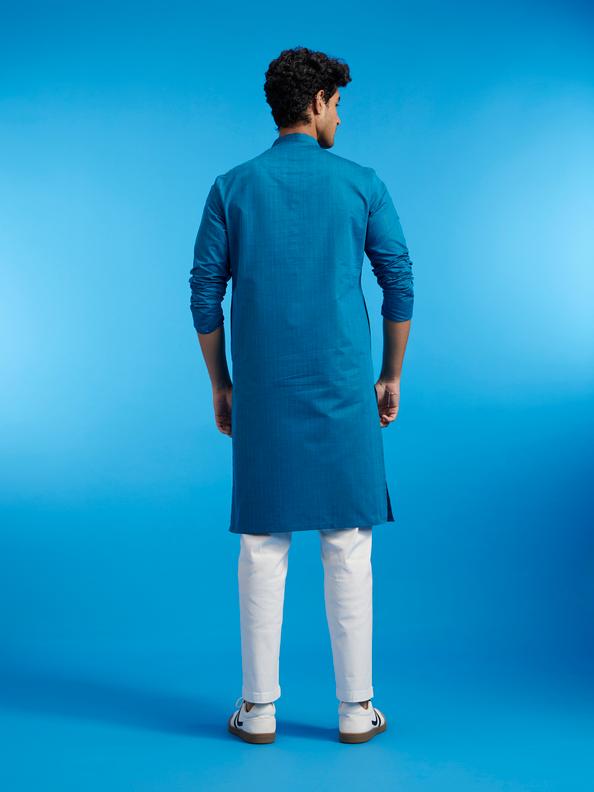 Diwas Men Teal Blue Linear Self Striped Kurta