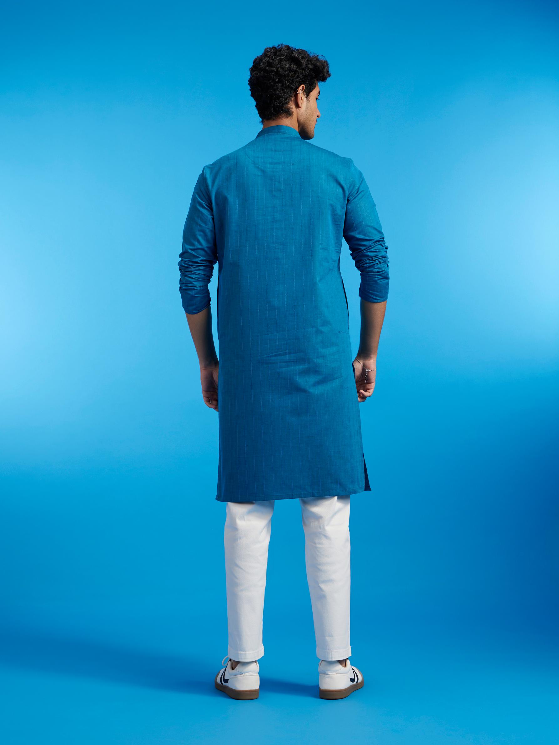 Diwas Men Teal Blue Linear Self Striped Kurta