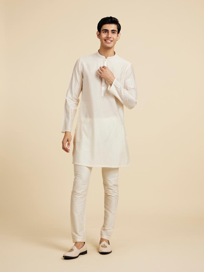 Diwas Men Cream White Grid Patterned Kurta