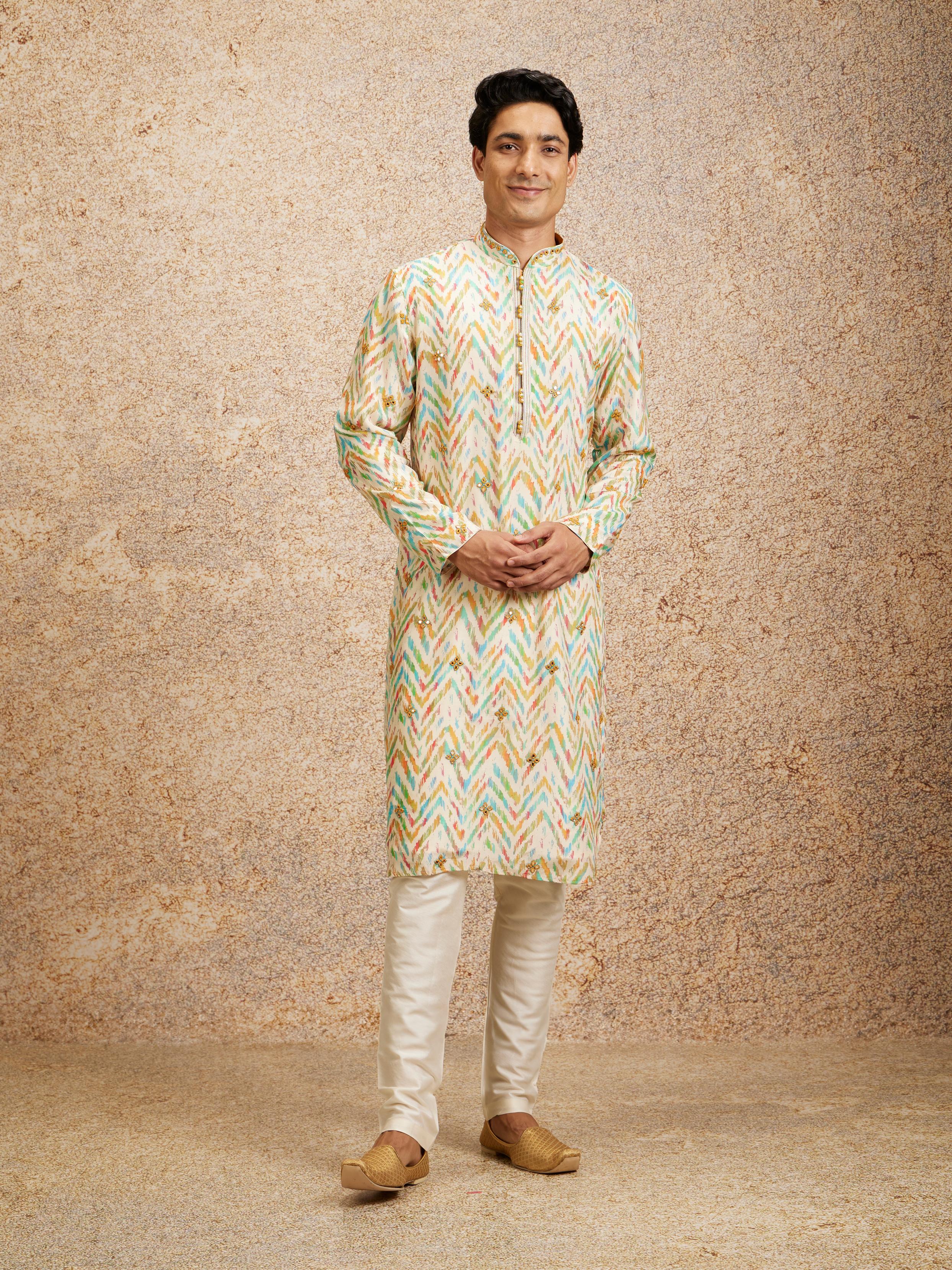 Twamev Men Beige Multicoloured Chevron Patterned Kurta Set