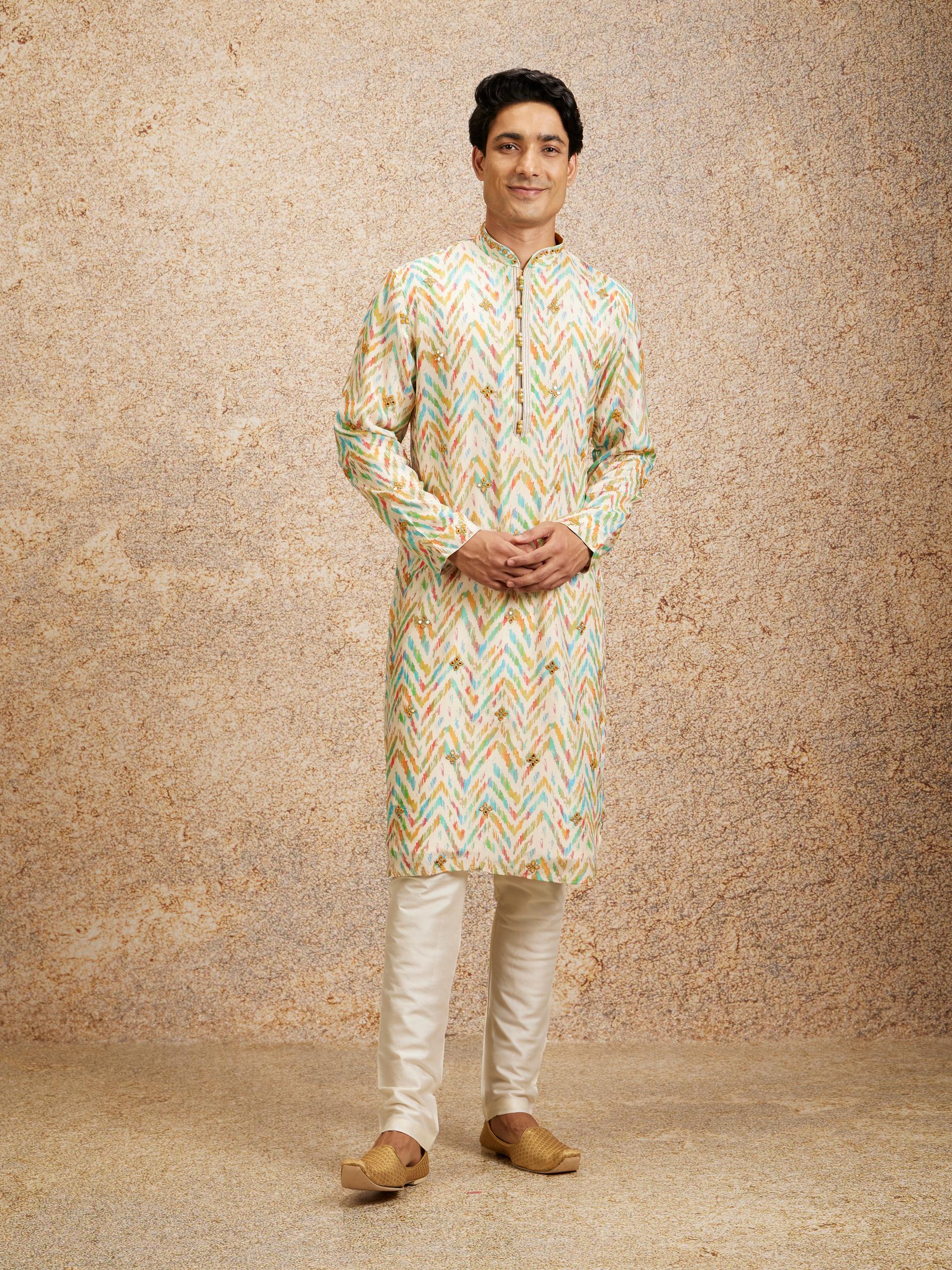 Twamev Men Beige Multicoloured Chevron Patterned Kurta Set