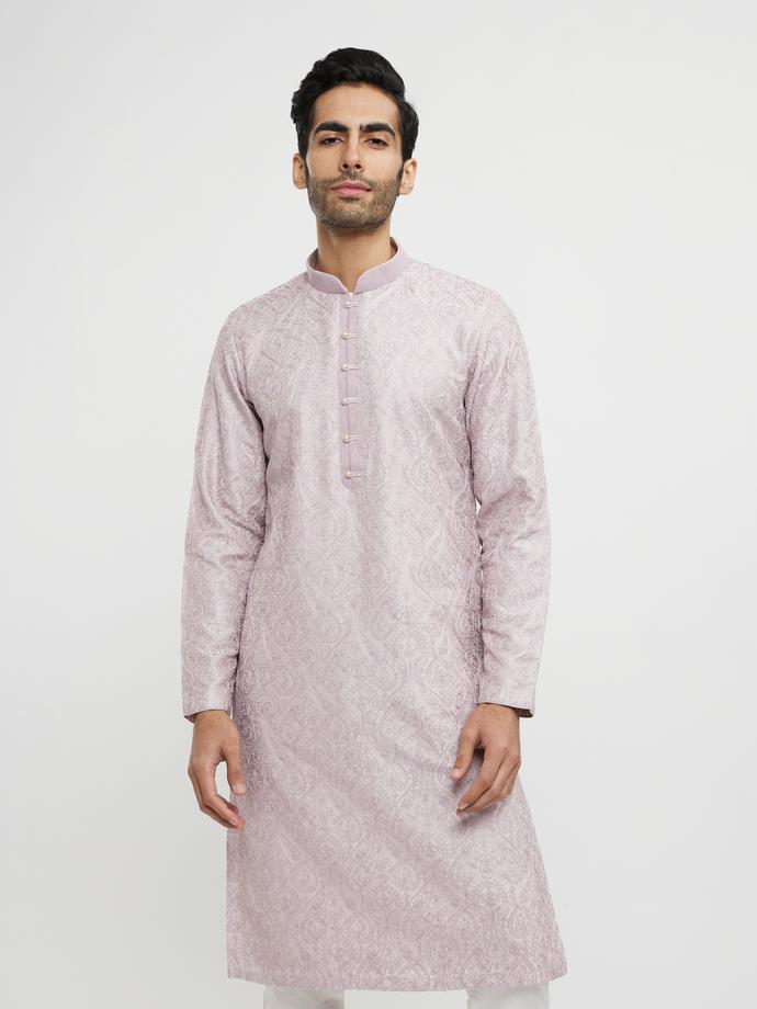 Twamev Men Soft Lilac Floral Medallion Patterned Kurta Set
