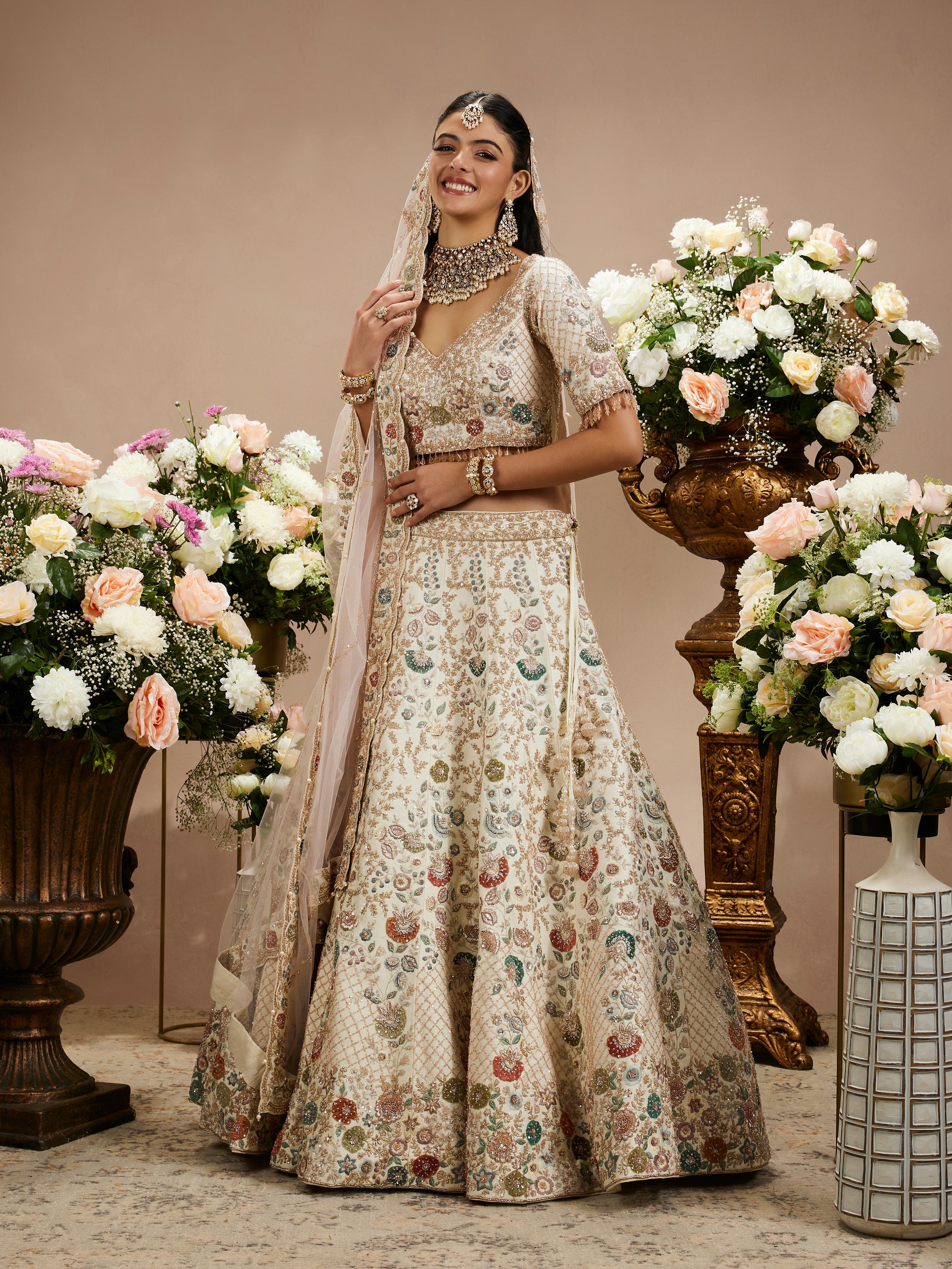 Twamev Women Cream White Bel Embroidered Lehenga with Floral Motifs, Sequin Work And Zari Work