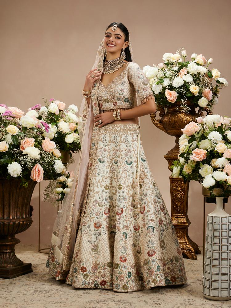 Twamev Women Cream White Bel Embroidered Lehenga with Floral Motifs, Sequin Work And Zari Work