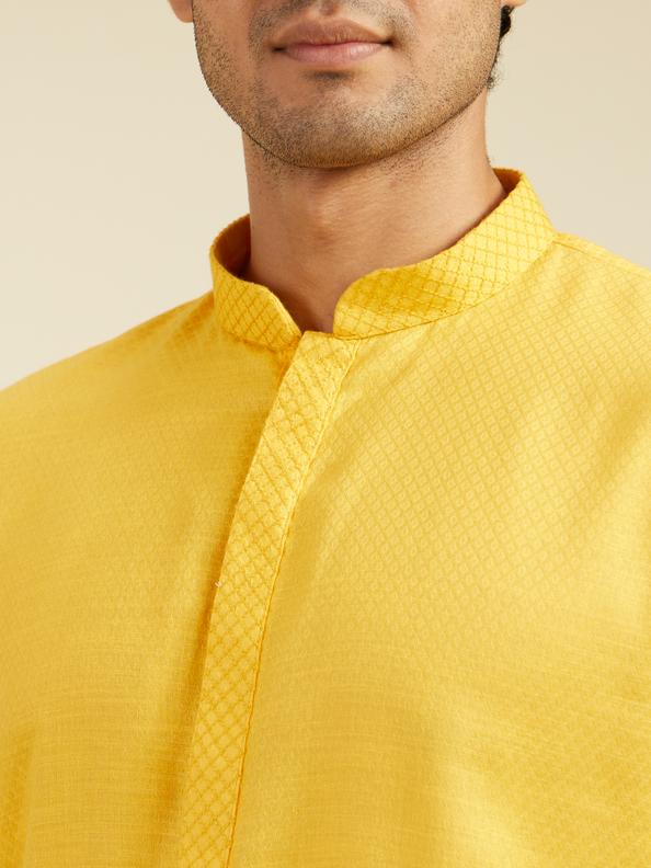 Diwas Men Mustard Yellow Lattice Patterned Kurta with Embroidered Neckline