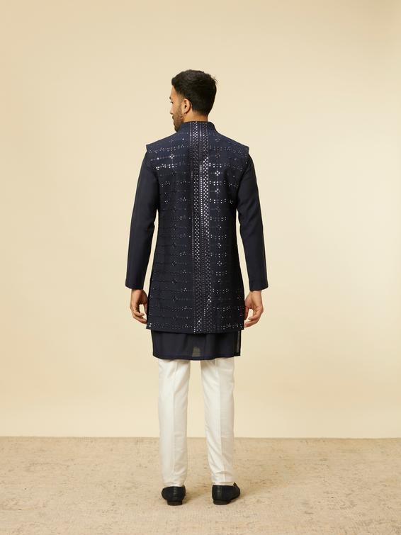 Twamev Men Dark Blue Self Mirror Patterned Kurta Jacket Set