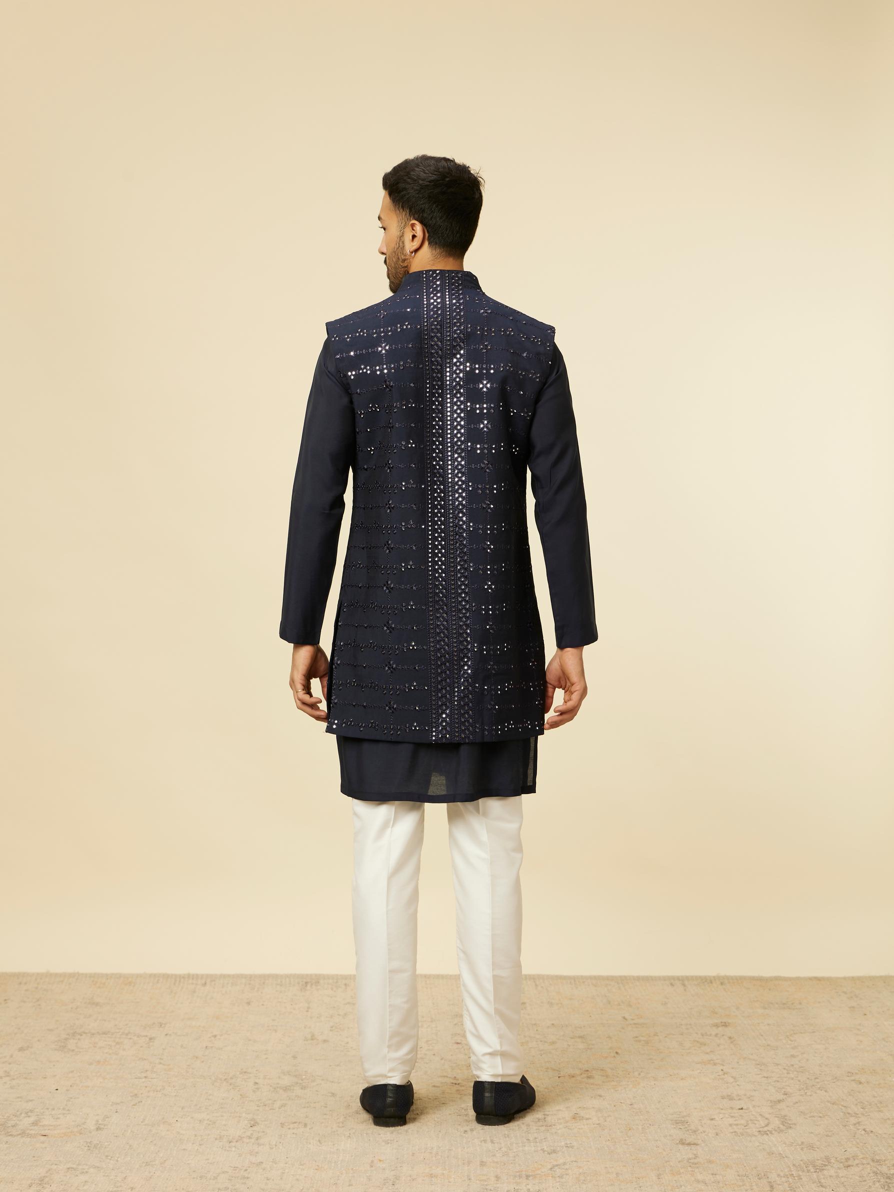 Twamev Men Dark Blue Self Mirror Patterned Kurta Jacket Set