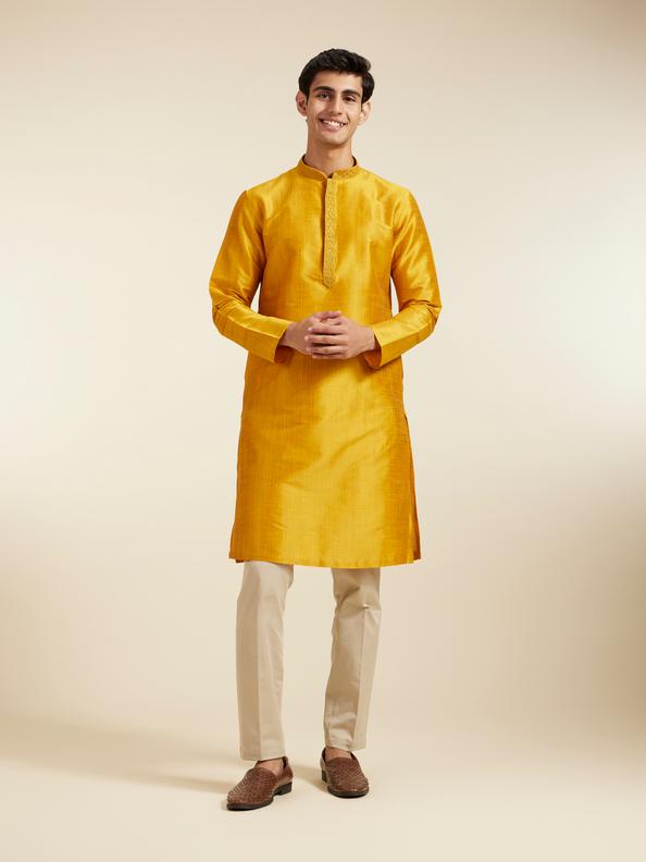 Diwas Men Mustard Yellow Self Textured Kurta with Embroidered Neckline