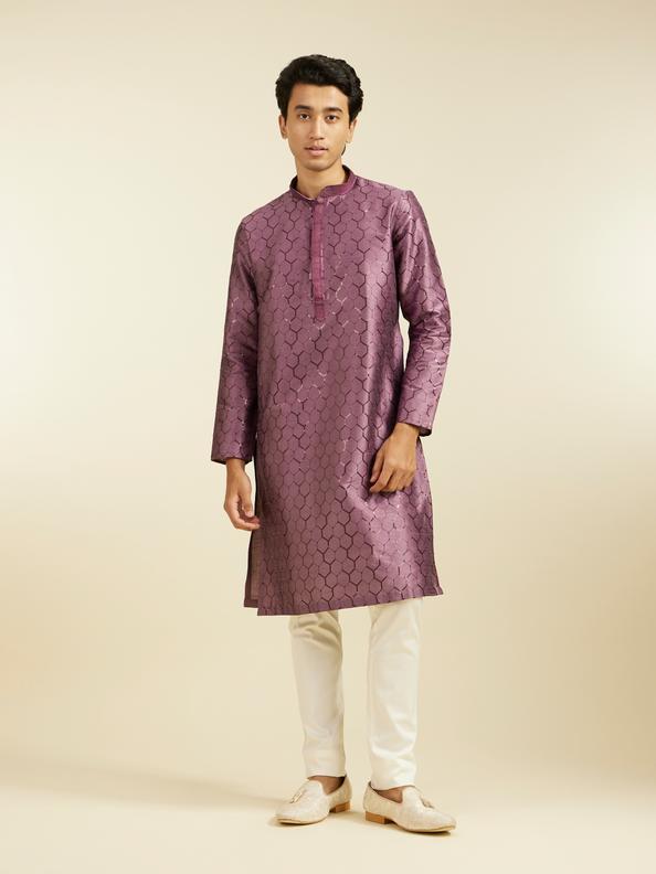 Diwas Men Plum Purple Honeycomb Patterned Kurta with Sequin Work
