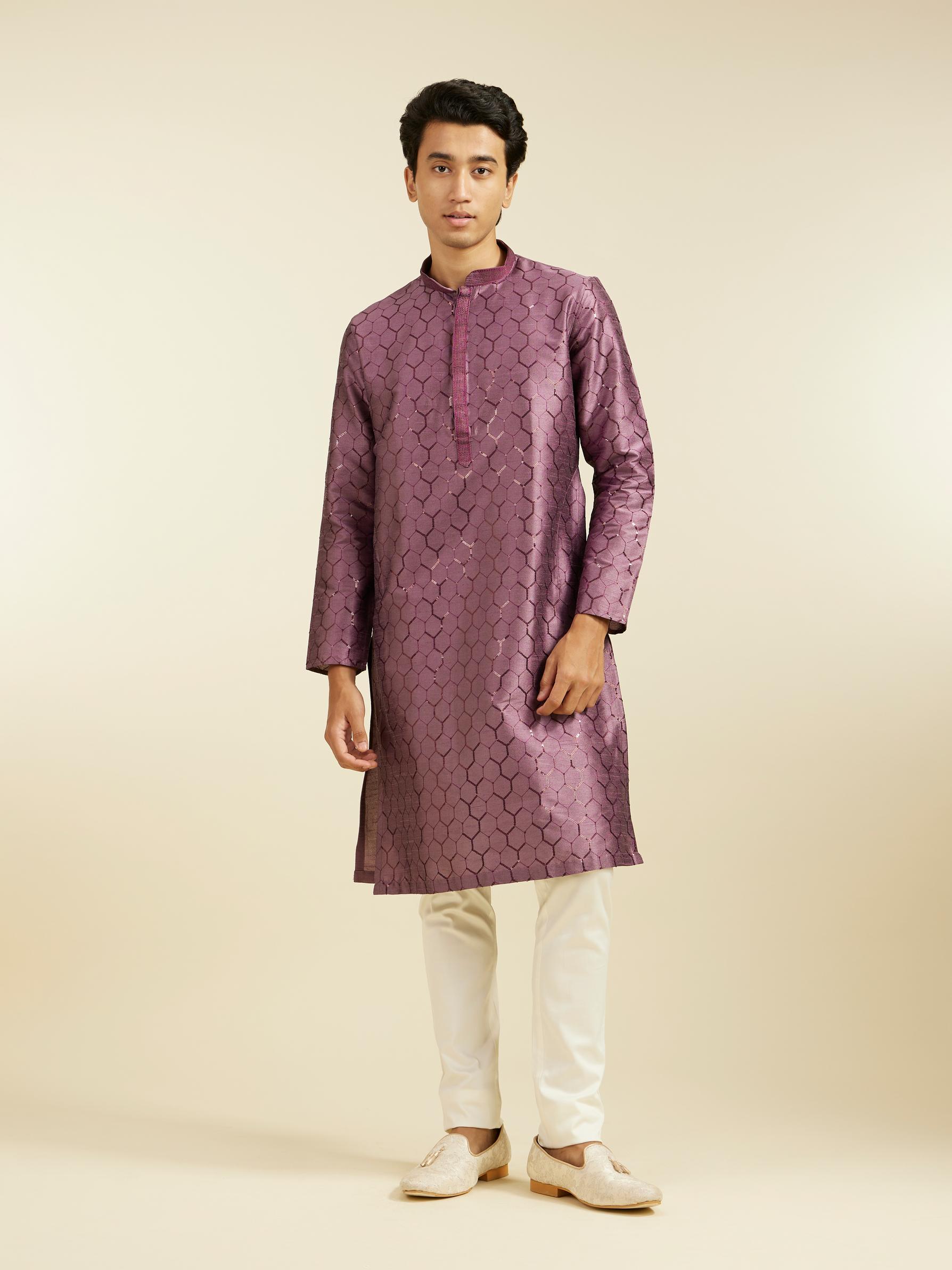 Diwas Men Plum Purple Honeycomb Patterned Kurta with Sequin Work