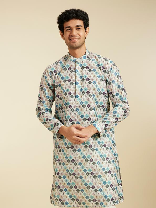 Diwas Men Aqua Green Harlequin Printed Kurta