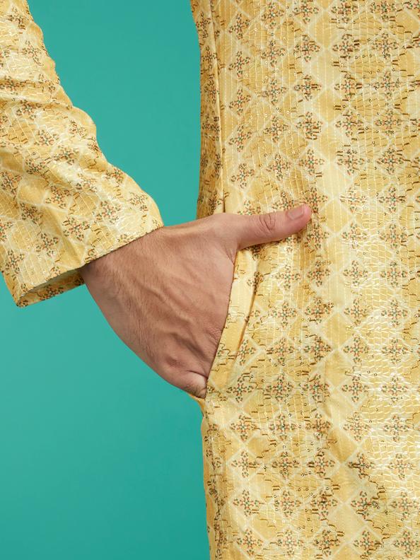 Diwas Men Straw Yellow Buta Print in Grid Pattern Kurta
