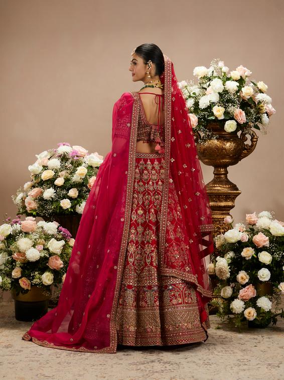Twamev Women Scarlet Red Jaal Patterned Lehenga with Darbar, Floral Motifs And Sequin Work