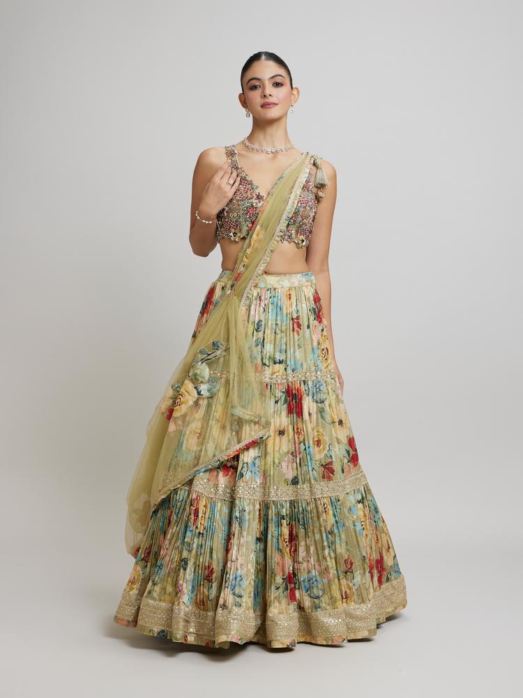 Twamev Women Enchanting Pista Green Lehenga