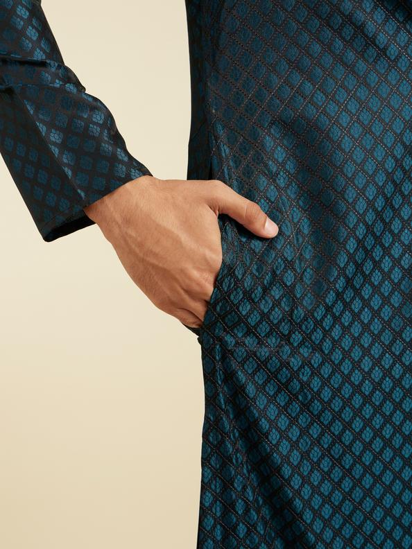 Diwas Men Teal Blue Grid Patterned Kurta with Sequinned Placket