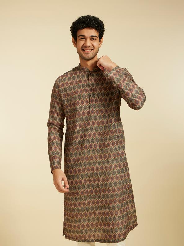Diwas Men Olive Green Honeycomb Printed Kurta