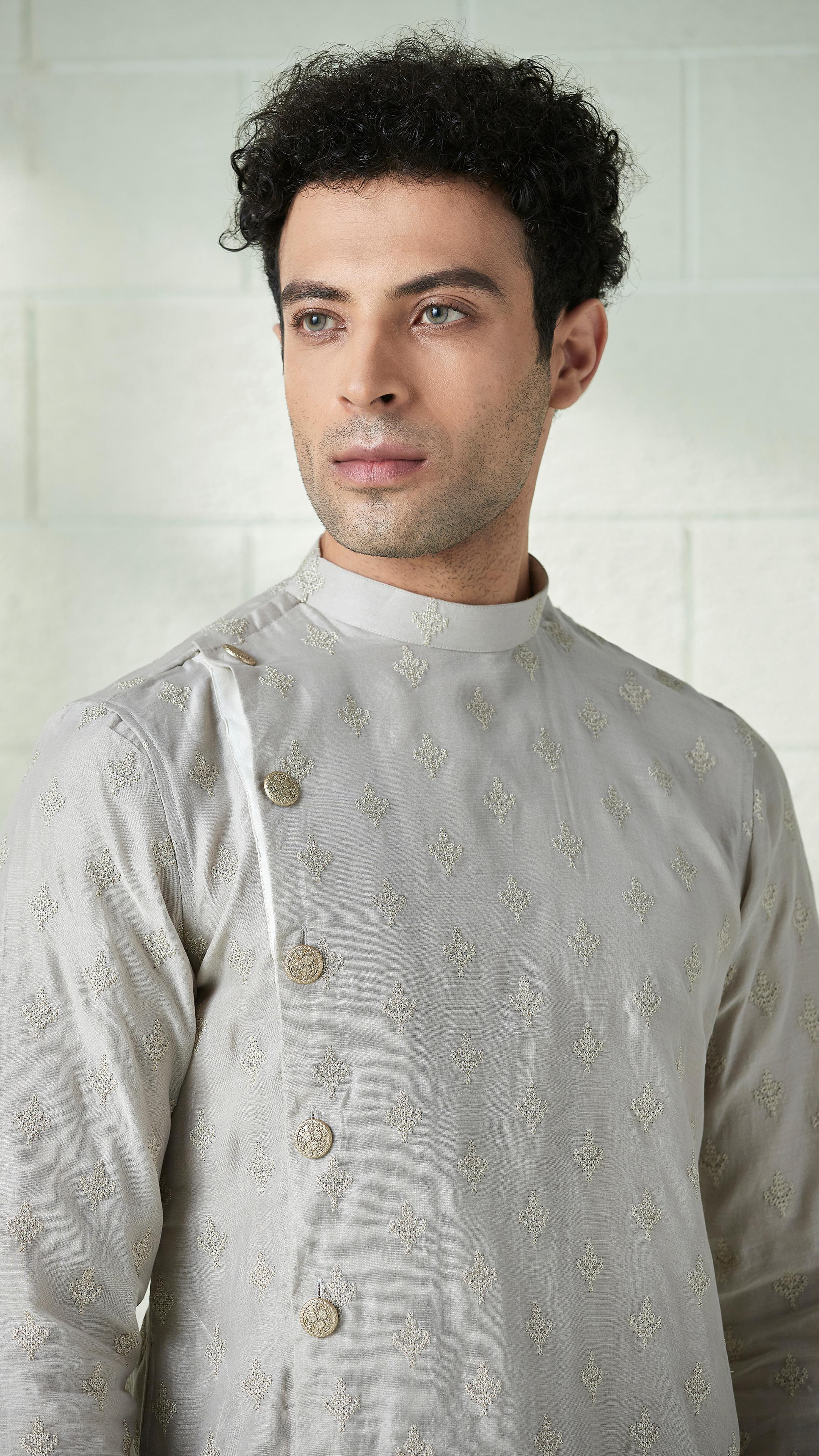 Twamev Men Abalone Grey Angrakha Style Kurta Set
