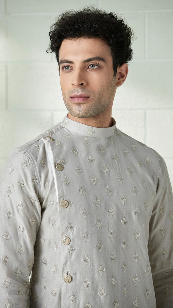 Twamev Men Abalone Grey Angrakha Style Kurta Set