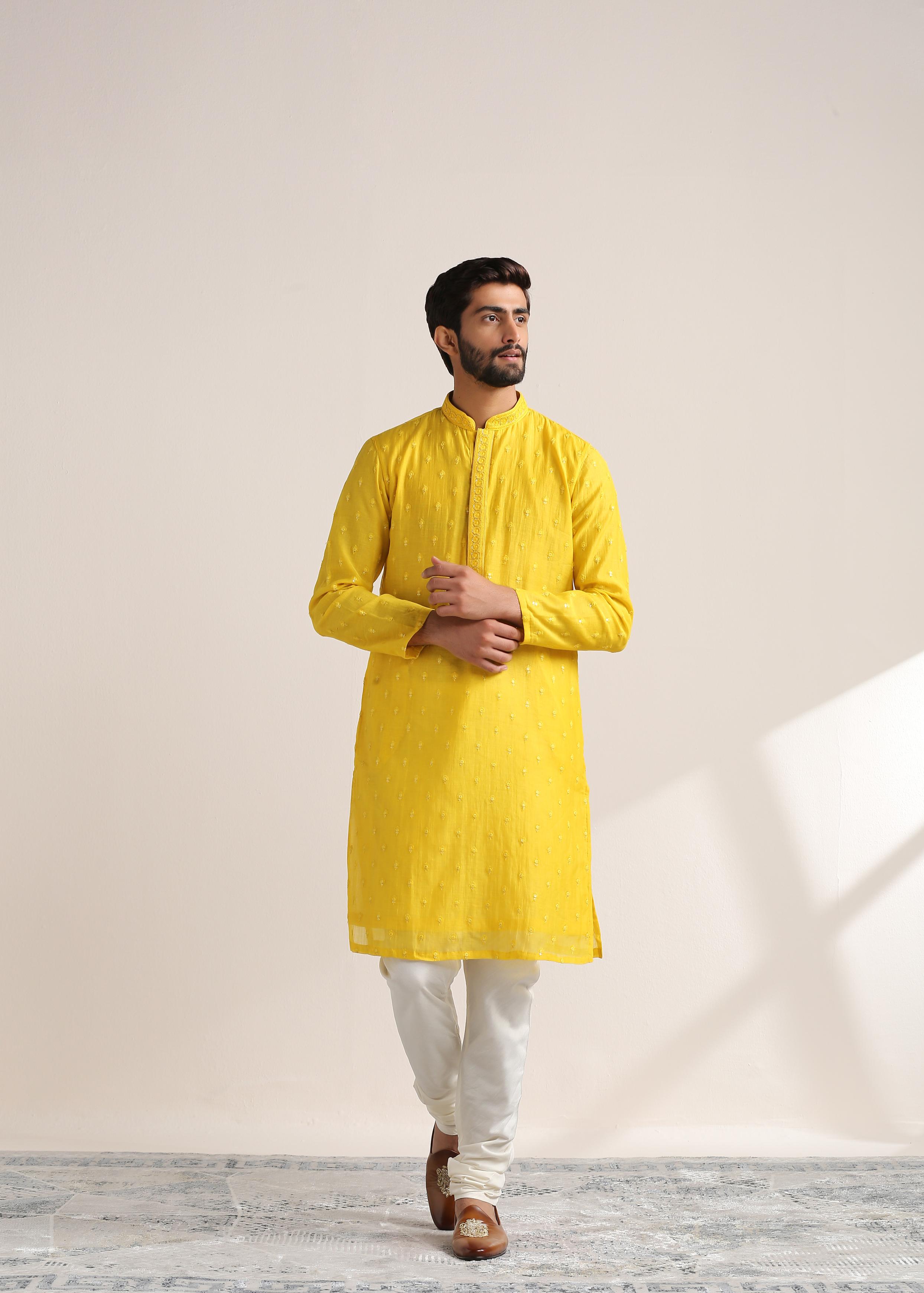 Twamev Men Vibrant Yellow Self Embroidered Kurta Set