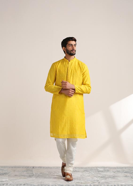 Twamev Men Vibrant Yellow Self Embroidered Kurta Set