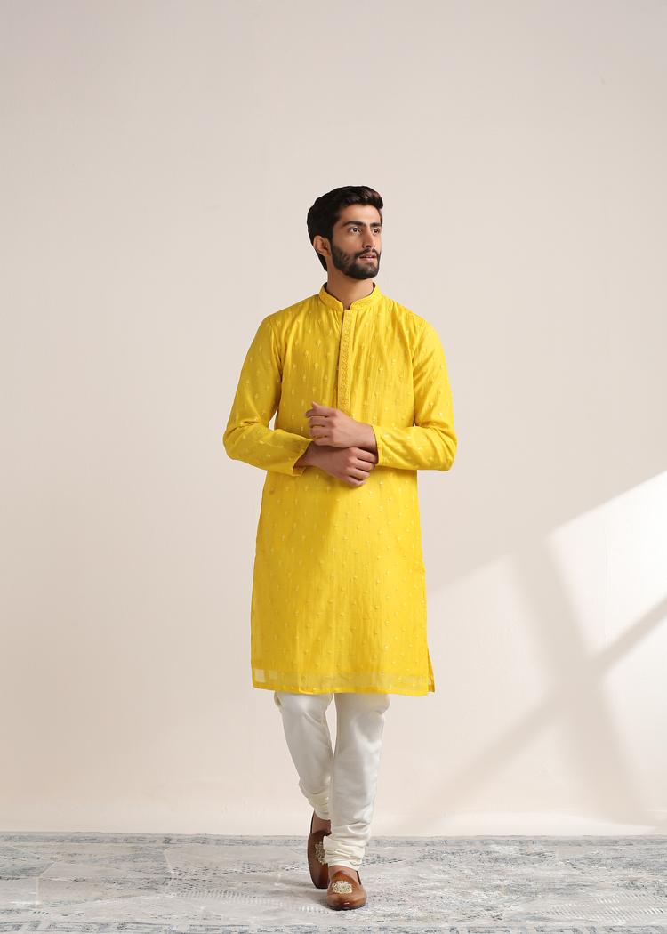 Twamev Men Vibrant Yellow Self Embroidered Kurta Set