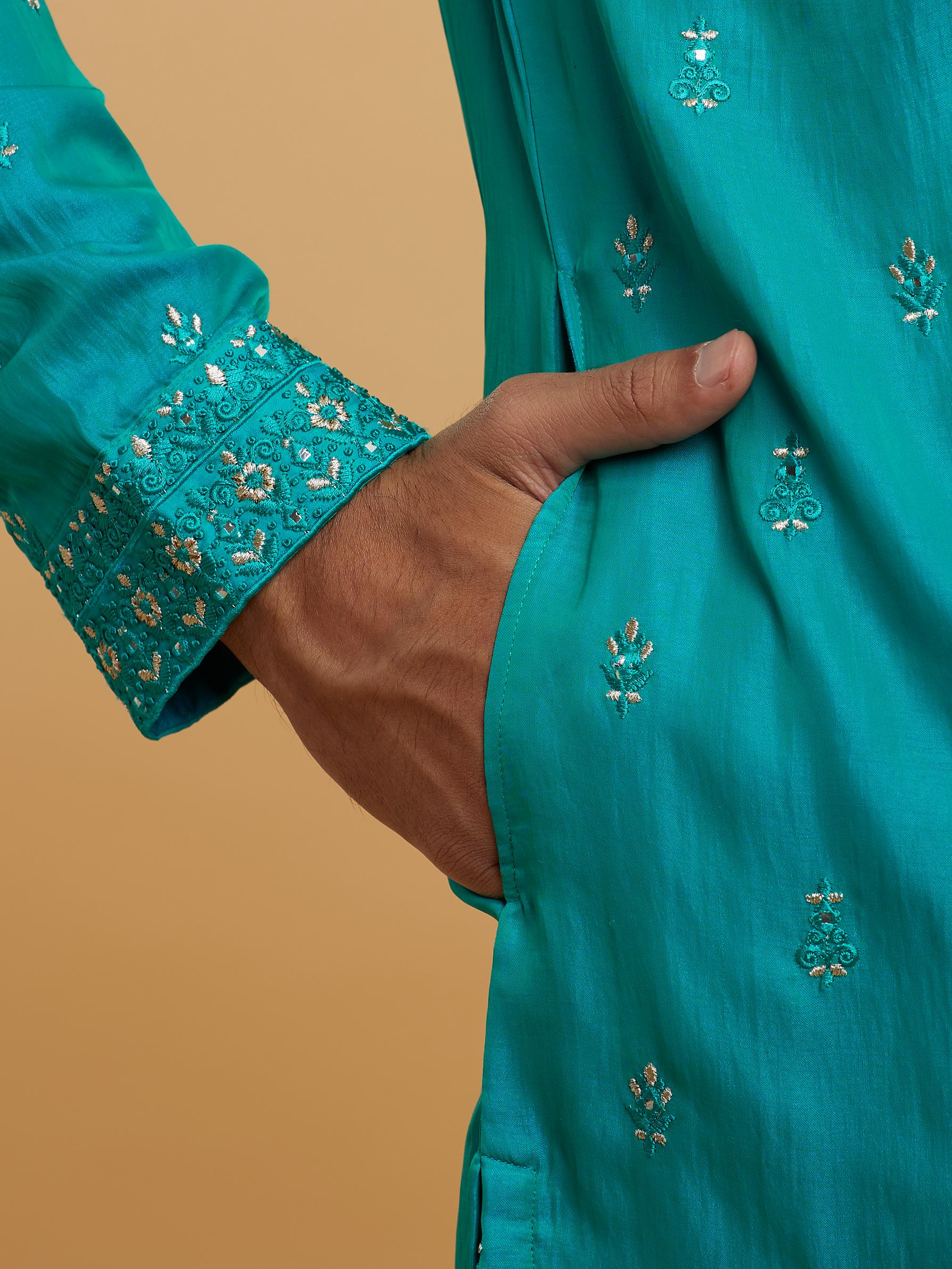Twamev Men Turquoise Blue Satin Kurta Pajama