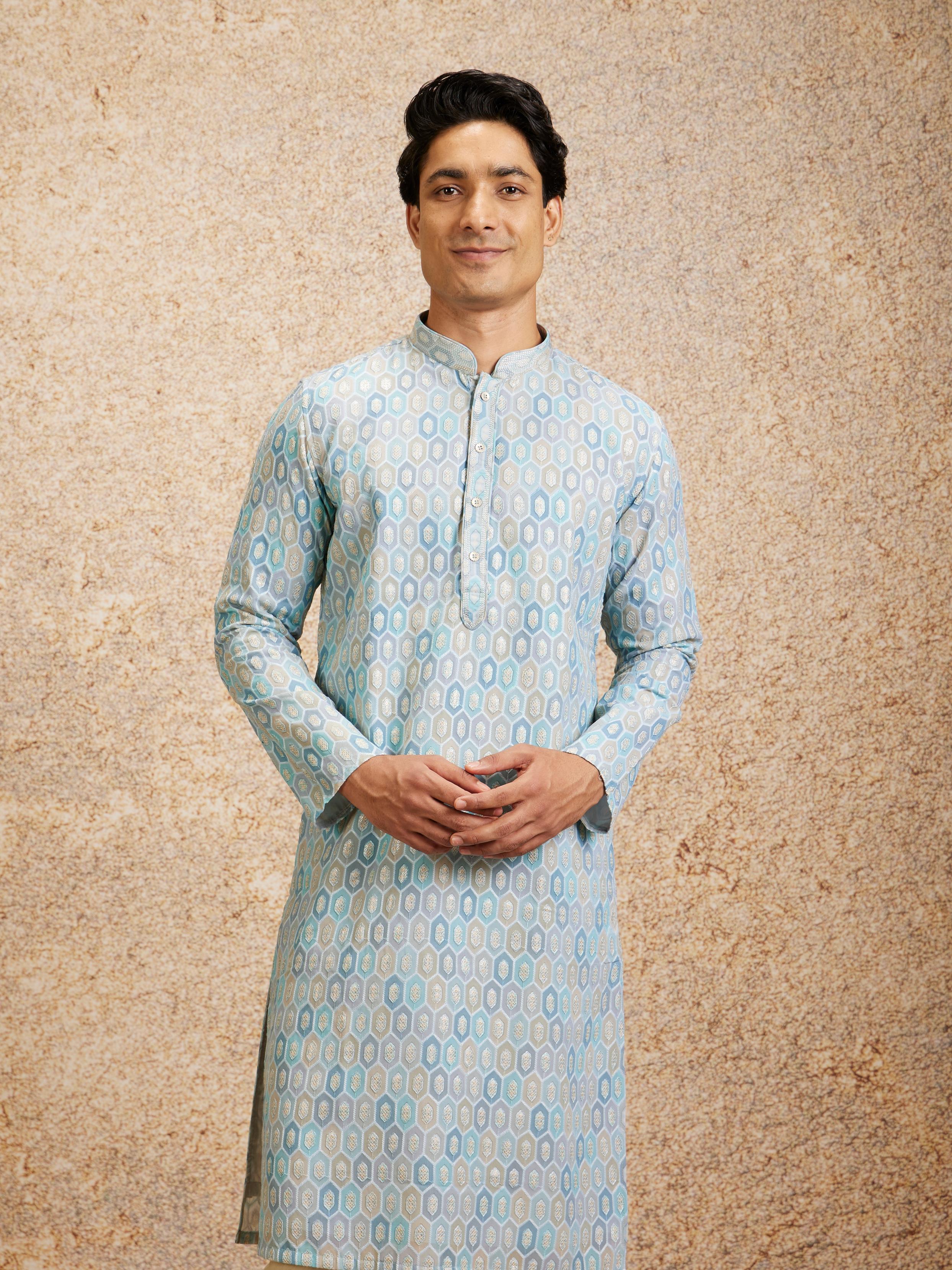 Twamev Men Tranquil Blue Self Patterned Kurta Set