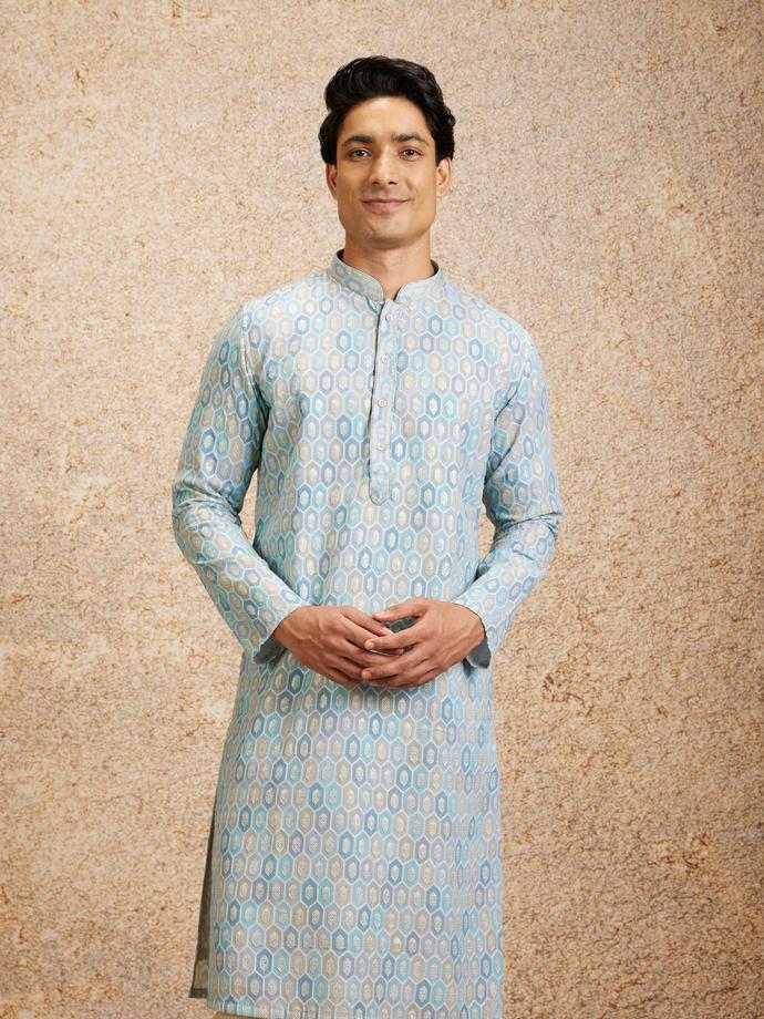 Twamev Men Tranquil Blue Self Patterned Kurta Set