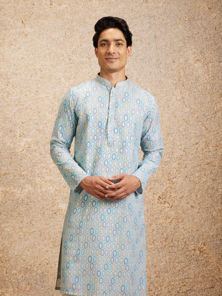 Twamev Men Tranquil Blue Self Patterned Kurta Set