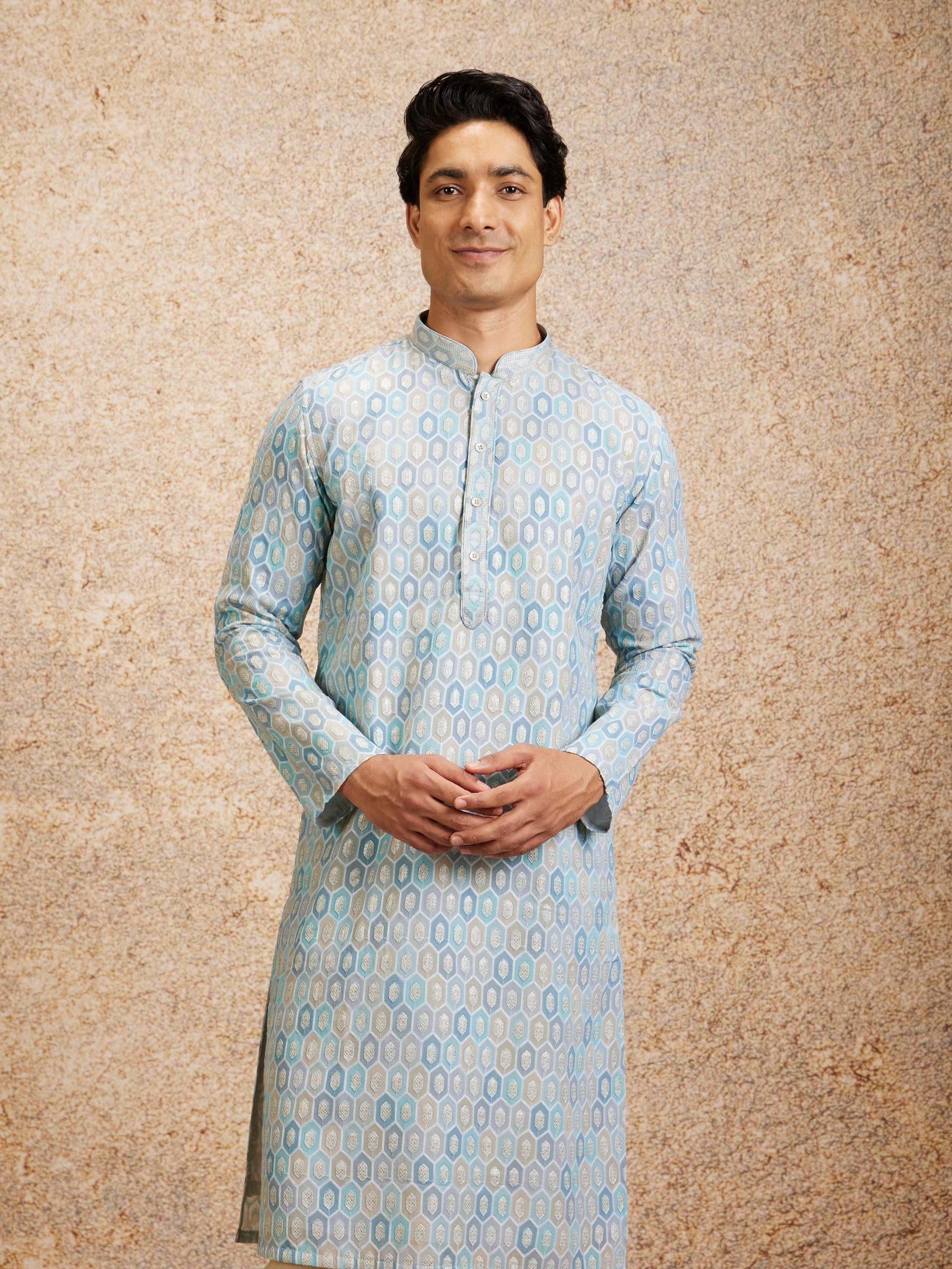 Twamev Men Tranquil Blue Self Patterned Kurta Set