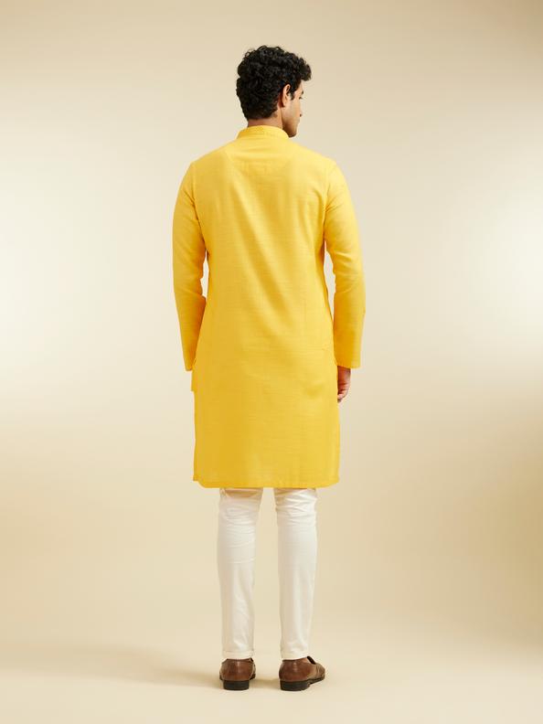 Diwas Men Mustard Yellow Lattice Patterned Kurta with Embroidered Neckline