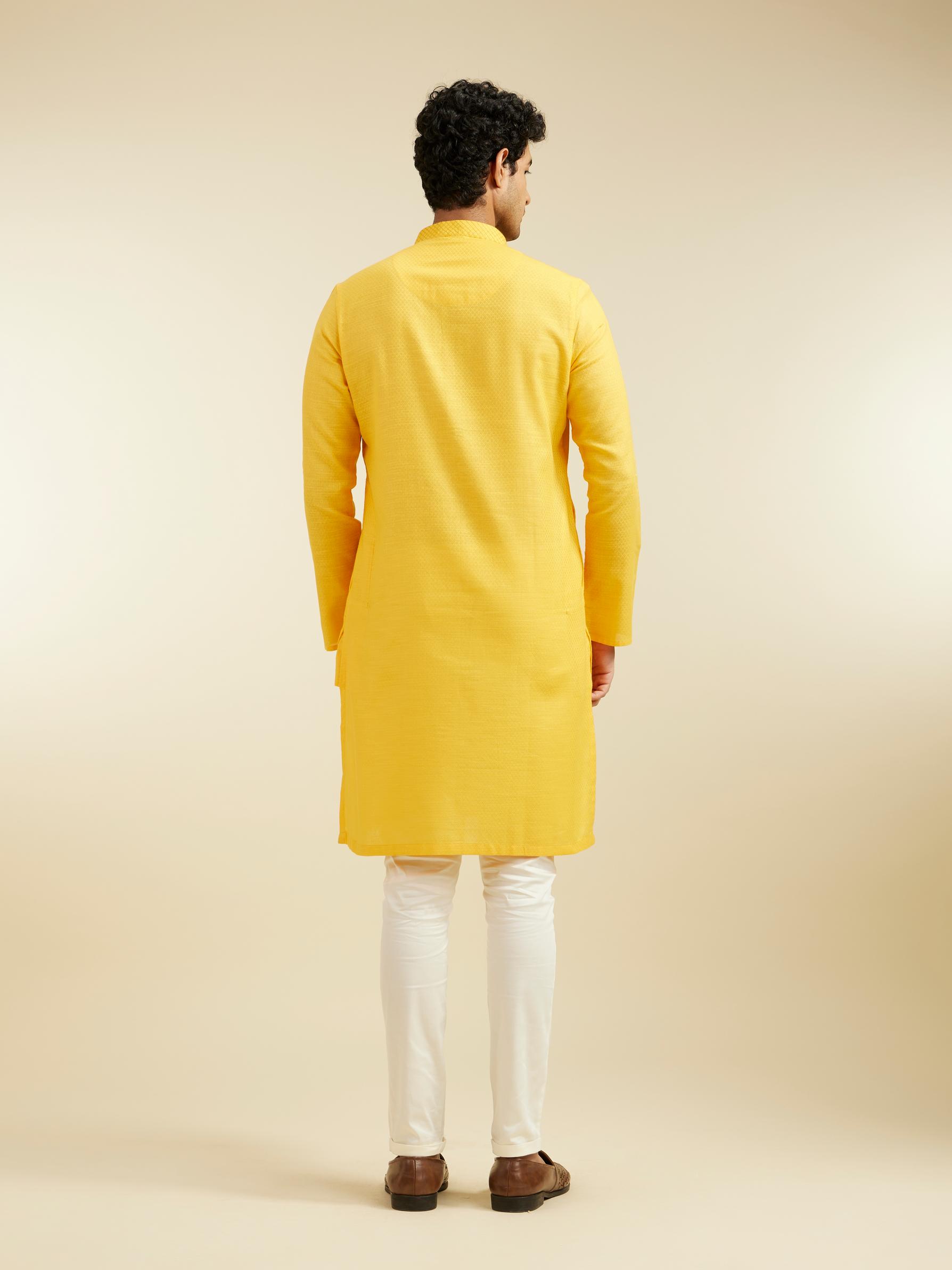 Diwas Men Mustard Yellow Lattice Patterned Kurta with Embroidered Neckline