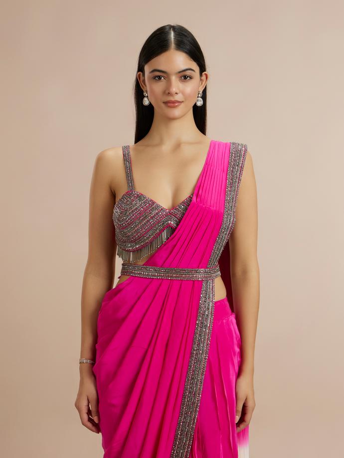 Twamev Women Twirling Rani Pink Satin Saree