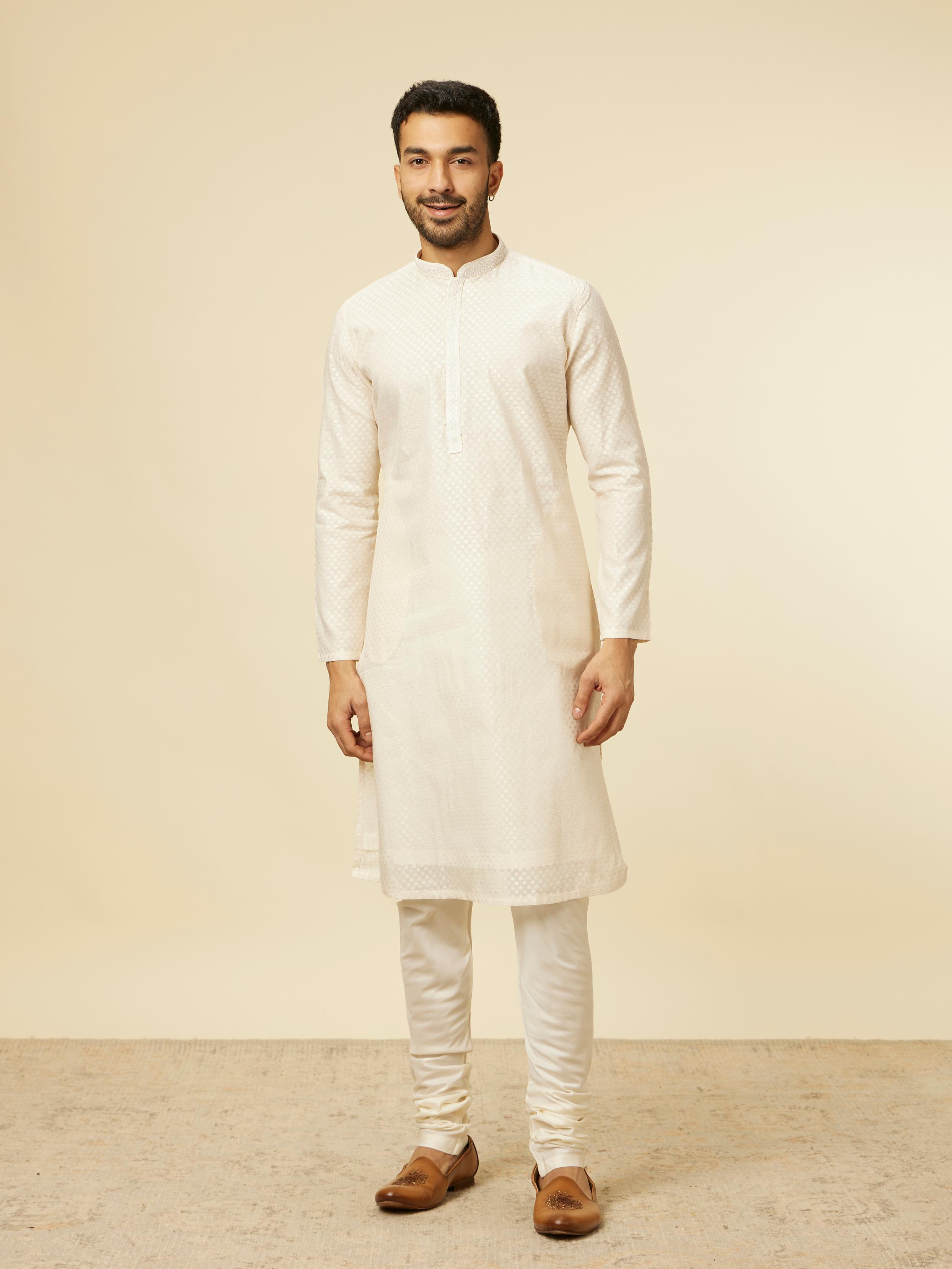 Twamev Men Beige Self Dotted Patterned Kurta Set