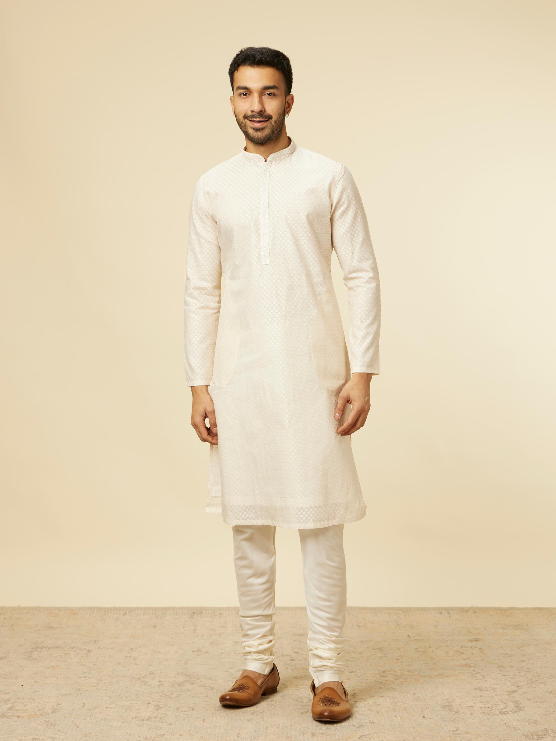 Twamev Men Beige Self Dotted Patterned Kurta Set