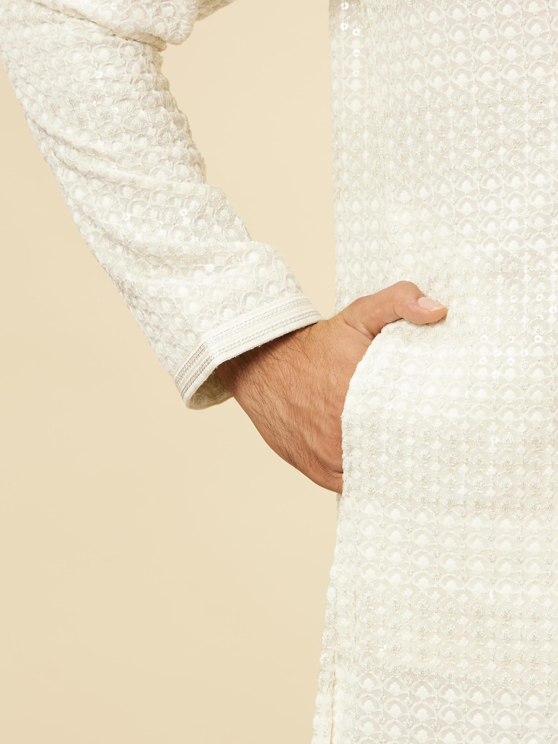 Twamev Men Warm White Self Patterned Sequinned Kurta Set